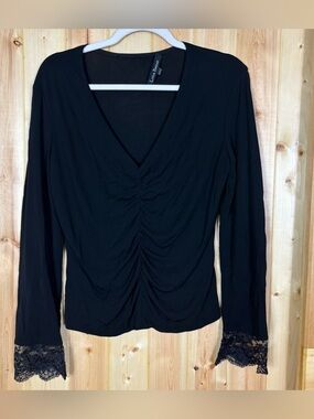 Lida Baday Black Ruched Lace Cuff VNeck Top XL Goth Witchy Grunge Stretch Canada
